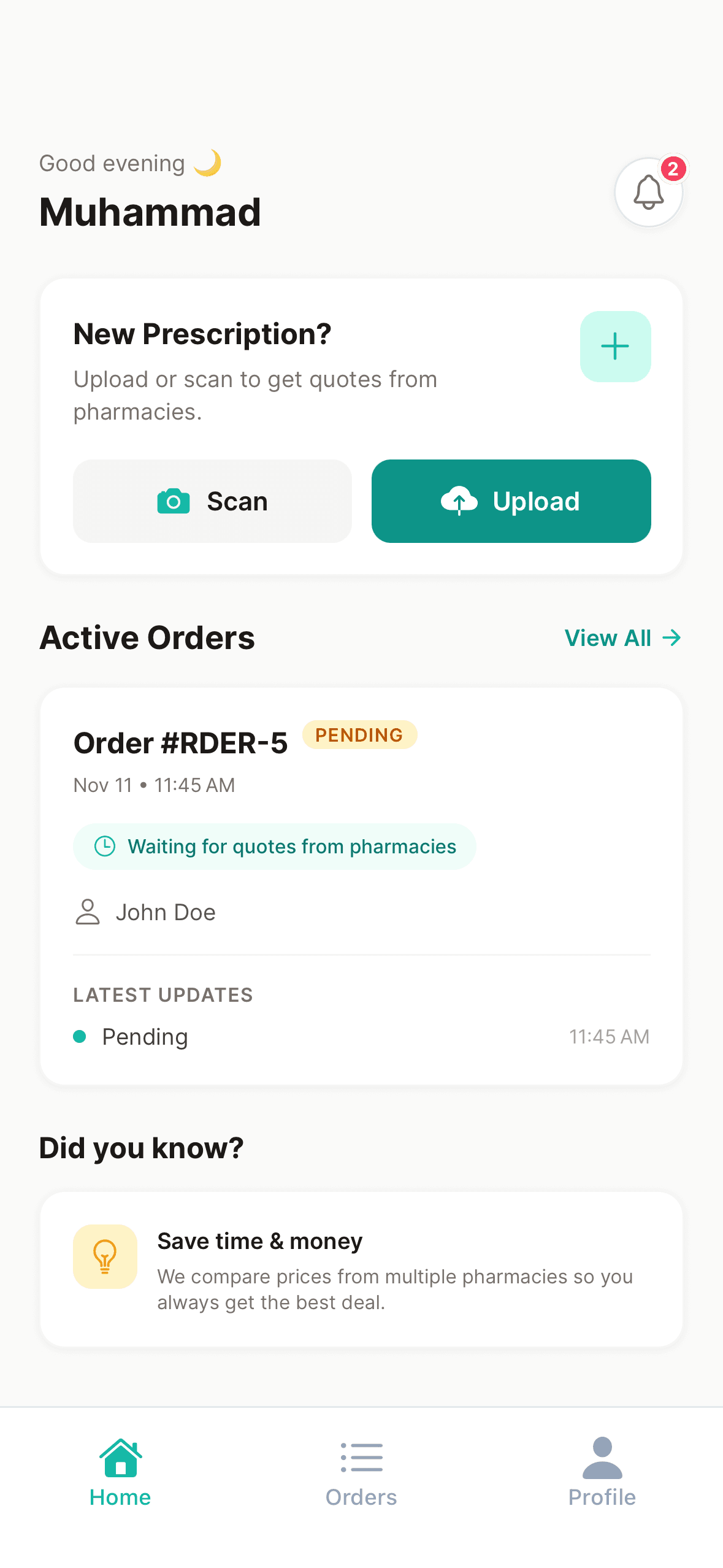 Prescript app dashboard showing prescription orders